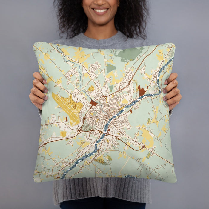 Person holding 18x18 Custom Bangor Maine Map Throw Pillow in Woodblock