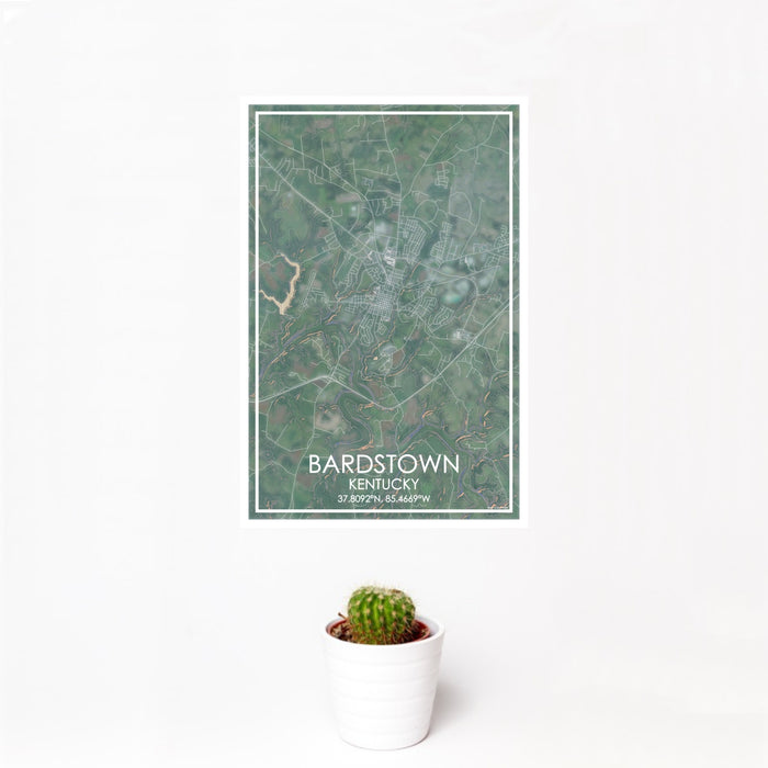12x18 Bardstown Kentucky Map Print Portrait Orientation in Afternoon Style With Small Cactus Plant in White Planter