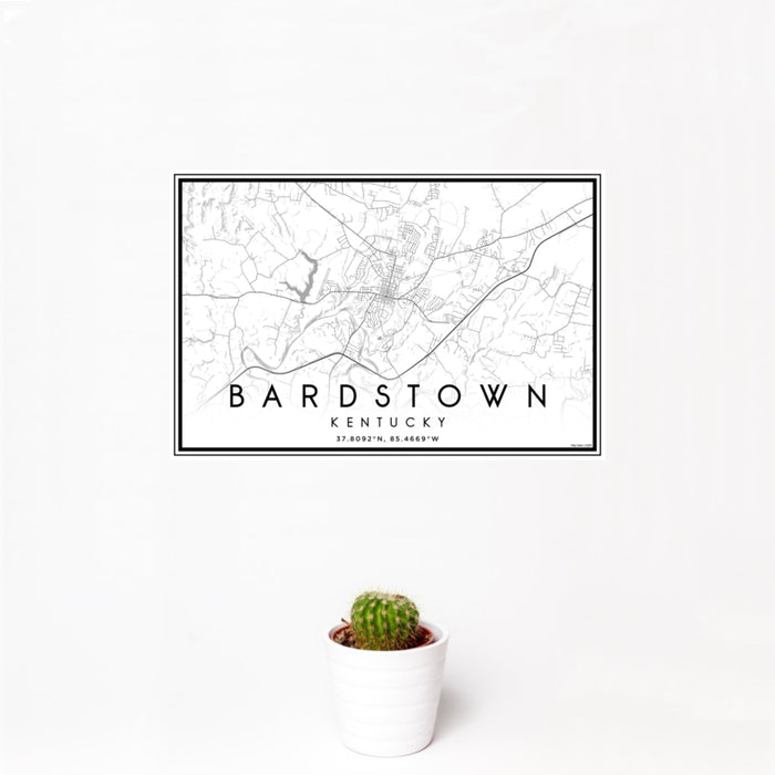 12x18 Bardstown Kentucky Map Print Landscape Orientation in Classic Style With Small Cactus Plant in White Planter