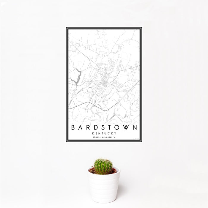 12x18 Bardstown Kentucky Map Print Portrait Orientation in Classic Style With Small Cactus Plant in White Planter
