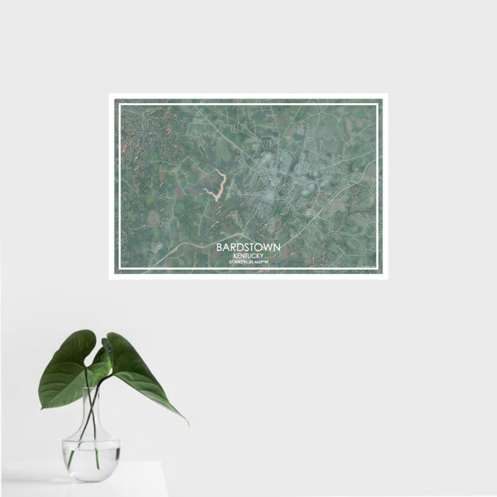 16x24 Bardstown Kentucky Map Print Landscape Orientation in Afternoon Style With Tropical Plant Leaves in Water