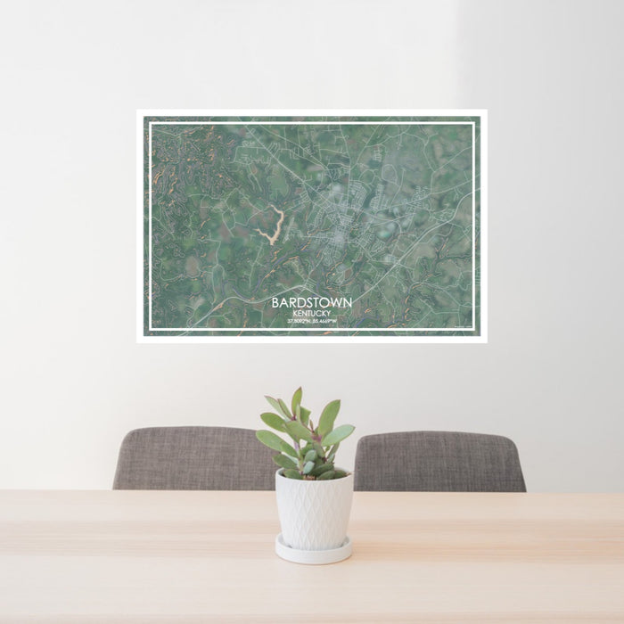 24x36 Bardstown Kentucky Map Print Lanscape Orientation in Afternoon Style Behind 2 Chairs Table and Potted Plant