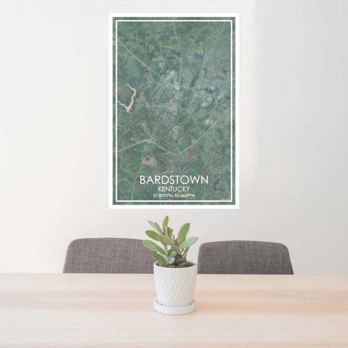 24x36 Bardstown Kentucky Map Print Portrait Orientation in Afternoon Style Behind 2 Chairs Table and Potted Plant