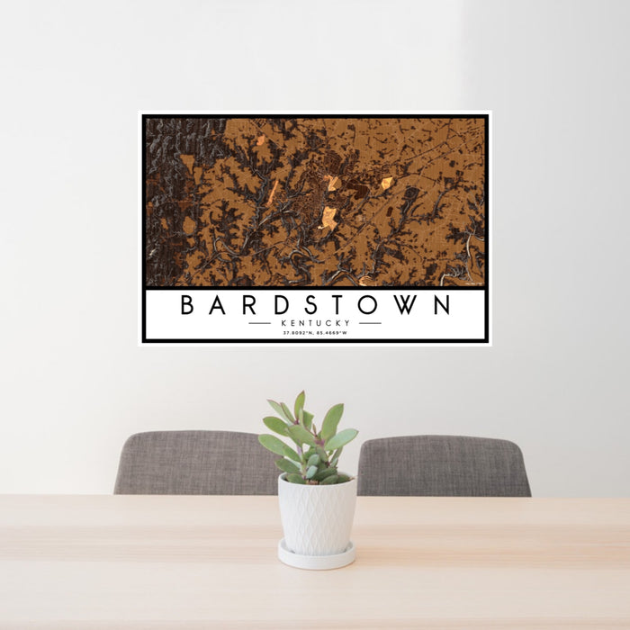 24x36 Bardstown Kentucky Map Print Lanscape Orientation in Ember Style Behind 2 Chairs Table and Potted Plant