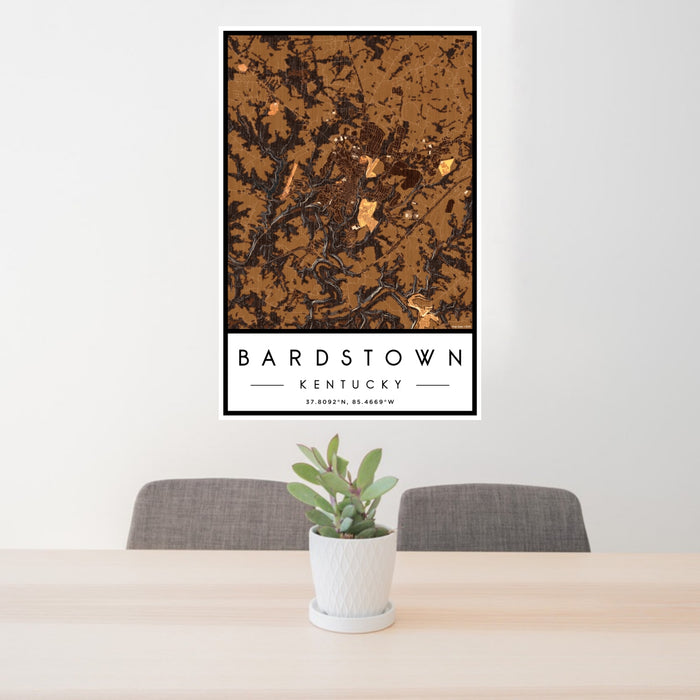24x36 Bardstown Kentucky Map Print Portrait Orientation in Ember Style Behind 2 Chairs Table and Potted Plant