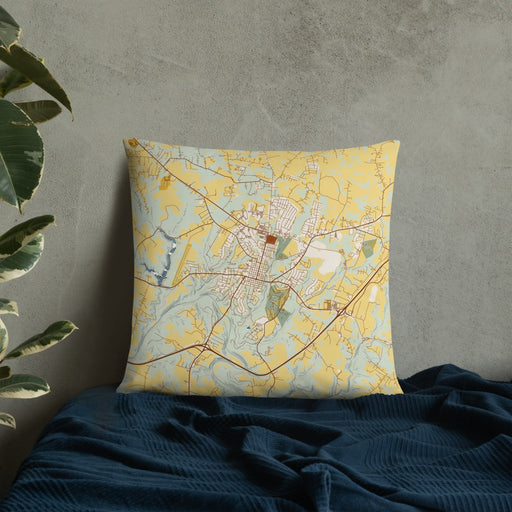 Custom Bardstown Kentucky Map Throw Pillow in Woodblock on Bedding Against Wall
