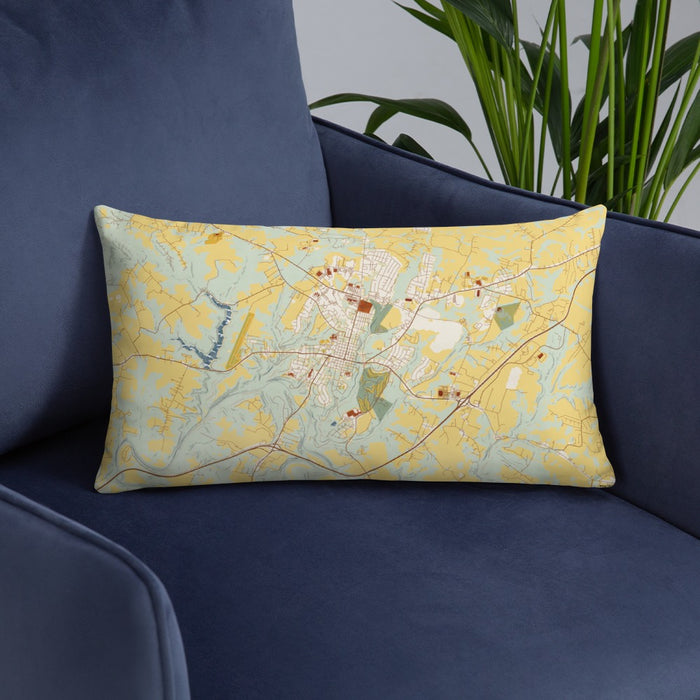 Custom Bardstown Kentucky Map Throw Pillow in Woodblock on Blue Colored Chair