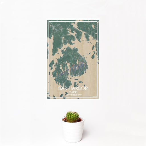 12x18 Bar Harbor Maine Map Print Portrait Orientation in Afternoon Style With Small Cactus Plant in White Planter