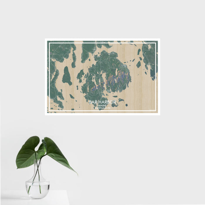 16x24 Bar Harbor Maine Map Print Landscape Orientation in Afternoon Style With Tropical Plant Leaves in Water
