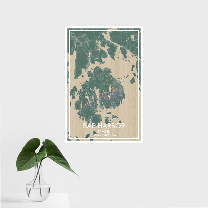 16x24 Bar Harbor Maine Map Print Portrait Orientation in Afternoon Style With Tropical Plant Leaves in Water