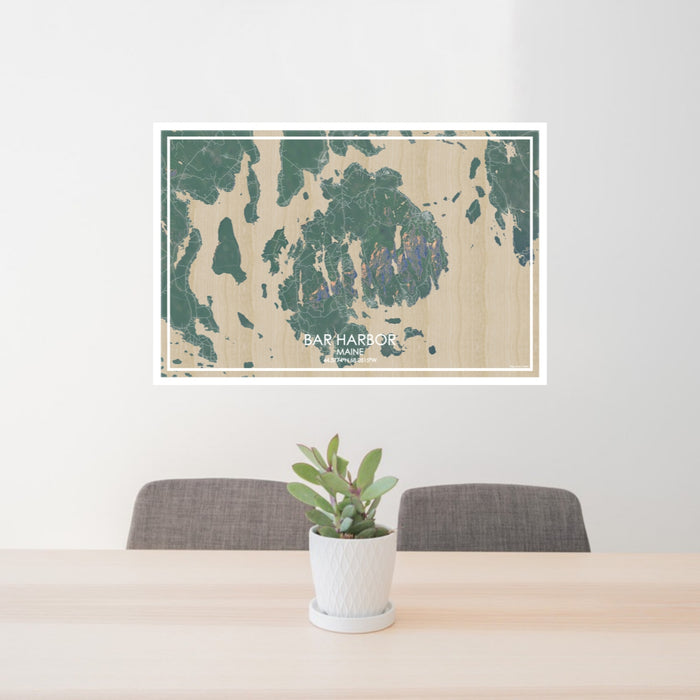 24x36 Bar Harbor Maine Map Print Lanscape Orientation in Afternoon Style Behind 2 Chairs Table and Potted Plant