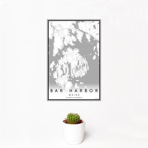 12x18 Bar Harbor Maine Map Print Portrait Orientation in Classic Style With Small Cactus Plant in White Planter