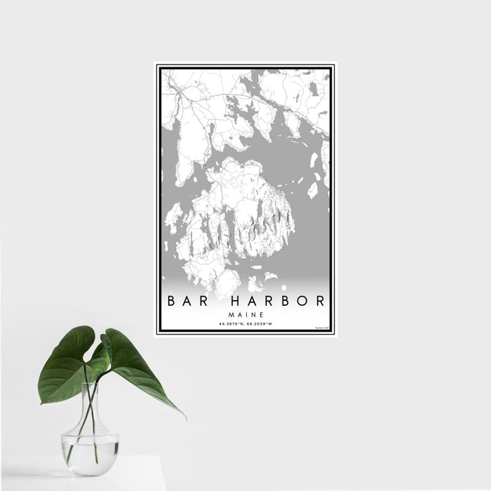 16x24 Bar Harbor Maine Map Print Portrait Orientation in Classic Style With Tropical Plant Leaves in Water