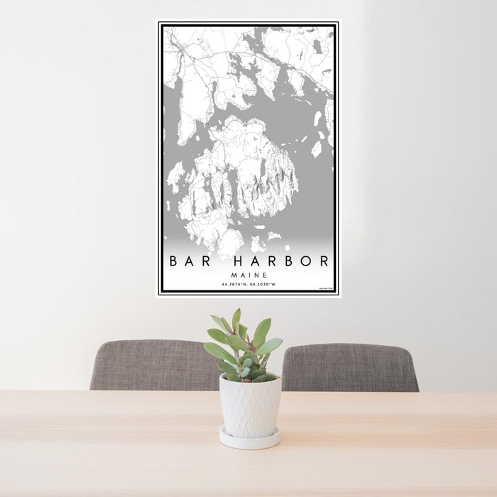24x36 Bar Harbor Maine Map Print Portrait Orientation in Classic Style Behind 2 Chairs Table and Potted Plant