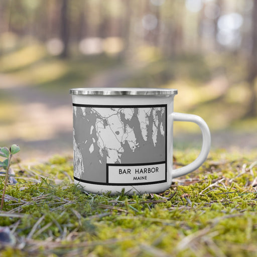 Right View Custom Bar Harbor Maine Map Enamel Mug in Classic on Grass With Trees in Background