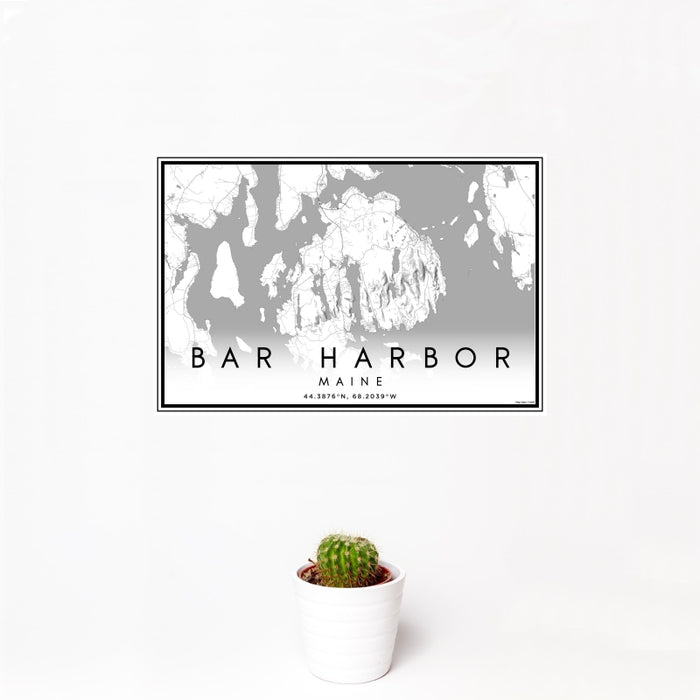 12x18 Bar Harbor Maine Map Print Landscape Orientation in Classic Style With Small Cactus Plant in White Planter