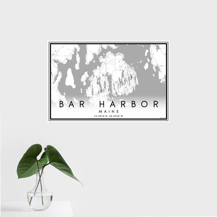 16x24 Bar Harbor Maine Map Print Landscape Orientation in Classic Style With Tropical Plant Leaves in Water