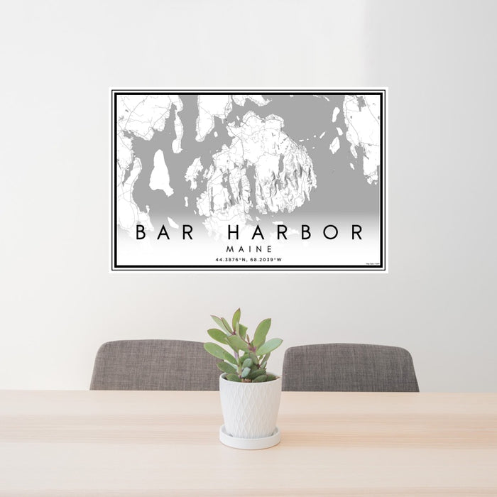 24x36 Bar Harbor Maine Map Print Landscape Orientation in Classic Style Behind 2 Chairs Table and Potted Plant