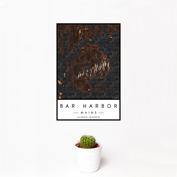12x18 Bar Harbor Maine Map Print Portrait Orientation in Ember Style With Small Cactus Plant in White Planter