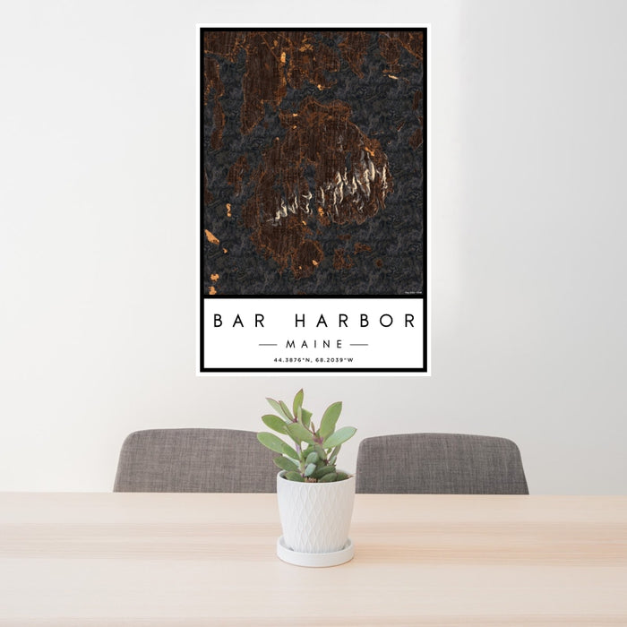 24x36 Bar Harbor Maine Map Print Portrait Orientation in Ember Style Behind 2 Chairs Table and Potted Plant