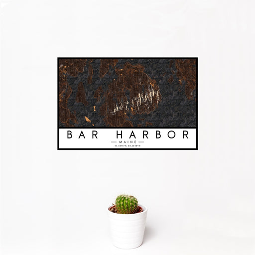 12x18 Bar Harbor Maine Map Print Landscape Orientation in Ember Style With Small Cactus Plant in White Planter