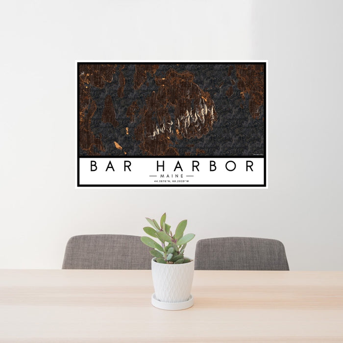 24x36 Bar Harbor Maine Map Print Landscape Orientation in Ember Style Behind 2 Chairs Table and Potted Plant
