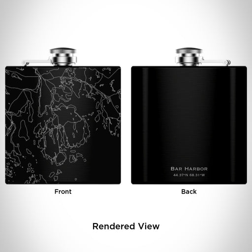 Rendered View of Bar Harbor Maine Map Engraving on 6oz Stainless Steel Flask in Black