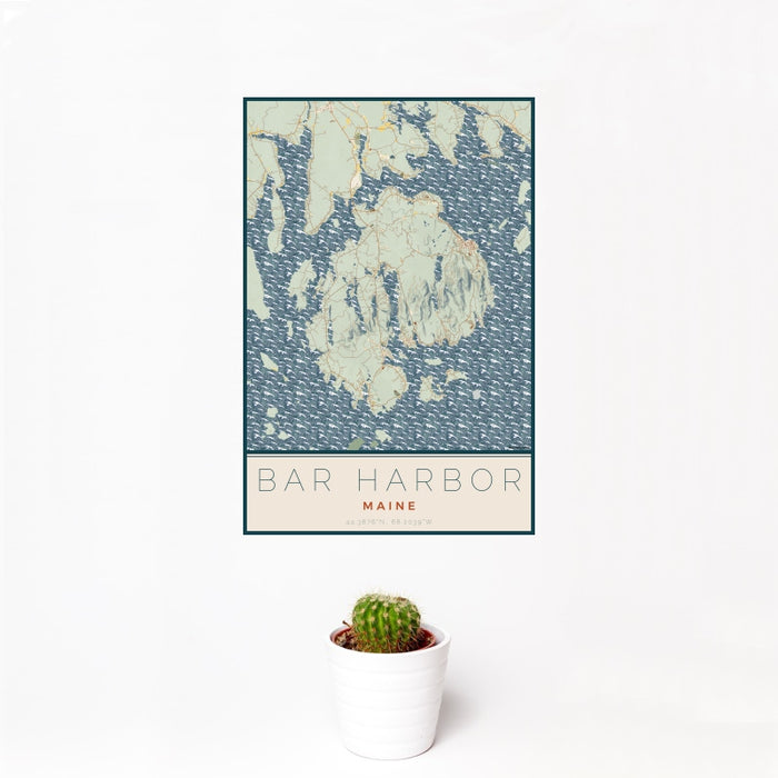 12x18 Bar Harbor Maine Map Print Portrait Orientation in Woodblock Style With Small Cactus Plant in White Planter