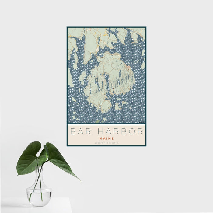 16x24 Bar Harbor Maine Map Print Portrait Orientation in Woodblock Style With Tropical Plant Leaves in Water