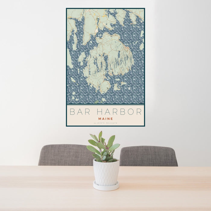 24x36 Bar Harbor Maine Map Print Portrait Orientation in Woodblock Style Behind 2 Chairs Table and Potted Plant
