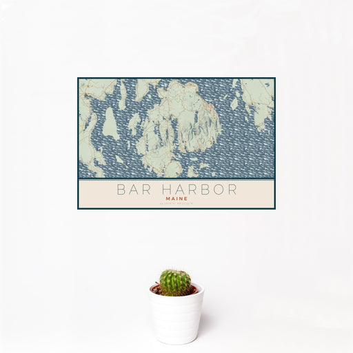 12x18 Bar Harbor Maine Map Print Landscape Orientation in Woodblock Style With Small Cactus Plant in White Planter