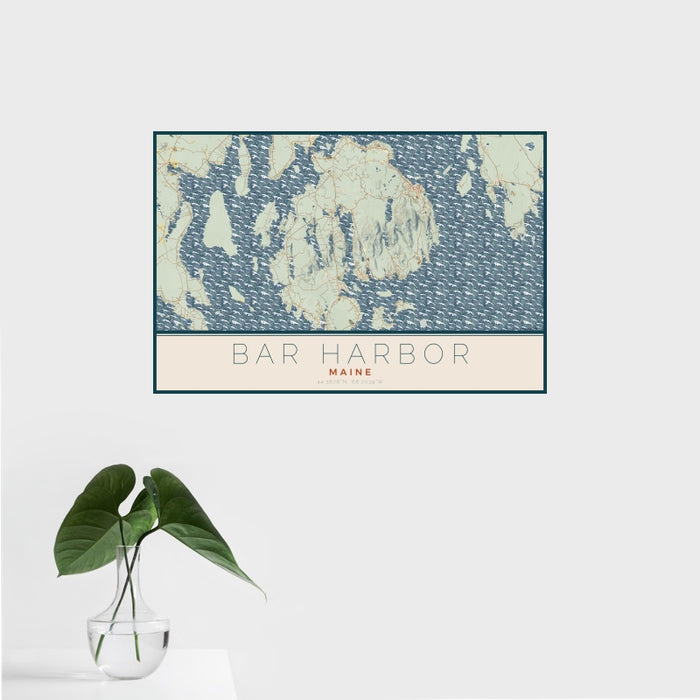 16x24 Bar Harbor Maine Map Print Landscape Orientation in Woodblock Style With Tropical Plant Leaves in Water