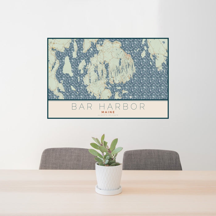 24x36 Bar Harbor Maine Map Print Landscape Orientation in Woodblock Style Behind 2 Chairs Table and Potted Plant