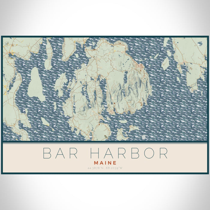 Bar Harbor Maine Map Print Landscape Orientation in Woodblock Style With Shaded Background