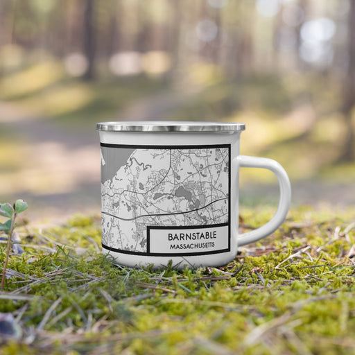 Right View Custom Barnstable Massachusetts Map Enamel Mug in Classic on Grass With Trees in Background