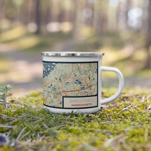 Right View Custom Barnstable Massachusetts Map Enamel Mug in Woodblock on Grass With Trees in Background