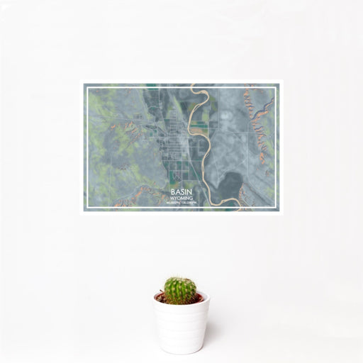 12x18 Basin Wyoming Map Print Landscape Orientation in Afternoon Style With Small Cactus Plant in White Planter