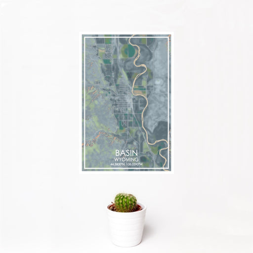 12x18 Basin Wyoming Map Print Portrait Orientation in Afternoon Style With Small Cactus Plant in White Planter