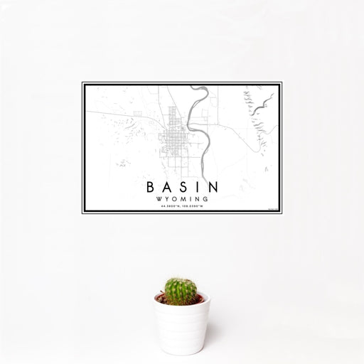 12x18 Basin Wyoming Map Print Landscape Orientation in Classic Style With Small Cactus Plant in White Planter