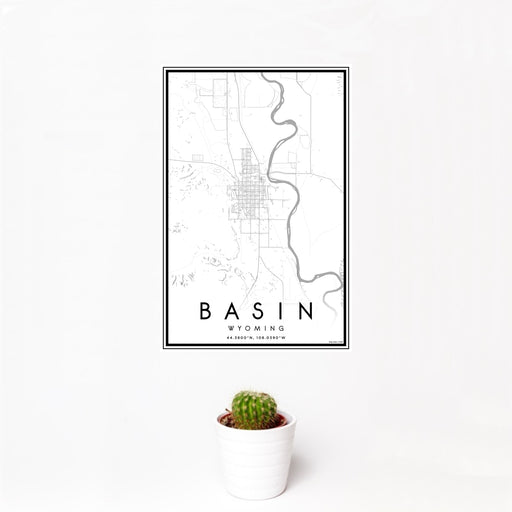 12x18 Basin Wyoming Map Print Portrait Orientation in Classic Style With Small Cactus Plant in White Planter