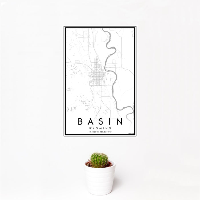 12x18 Basin Wyoming Map Print Portrait Orientation in Classic Style With Small Cactus Plant in White Planter