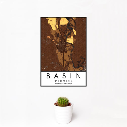 12x18 Basin Wyoming Map Print Portrait Orientation in Ember Style With Small Cactus Plant in White Planter