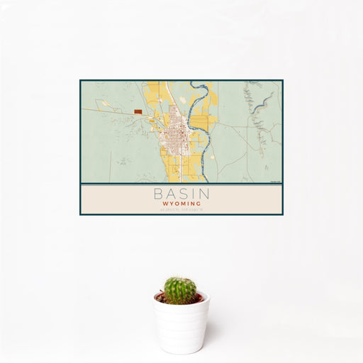 12x18 Basin Wyoming Map Print Landscape Orientation in Woodblock Style With Small Cactus Plant in White Planter