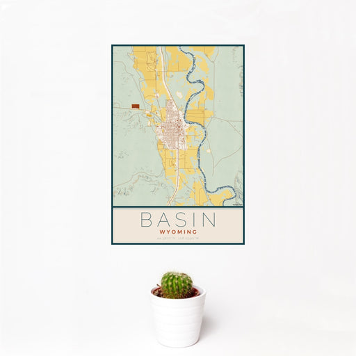 12x18 Basin Wyoming Map Print Portrait Orientation in Woodblock Style With Small Cactus Plant in White Planter