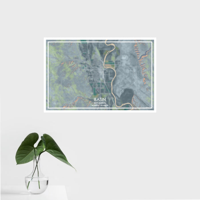 16x24 Basin Wyoming Map Print Landscape Orientation in Afternoon Style With Tropical Plant Leaves in Water