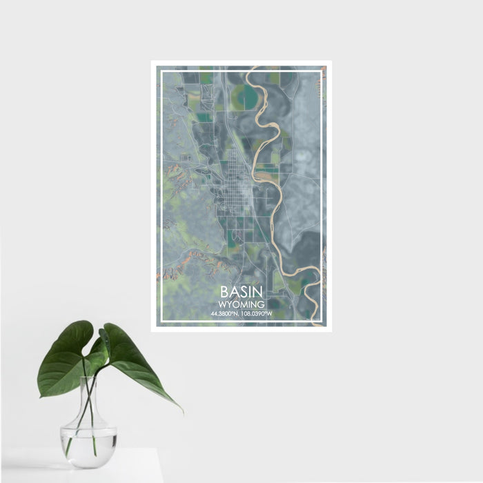 16x24 Basin Wyoming Map Print Portrait Orientation in Afternoon Style With Tropical Plant Leaves in Water