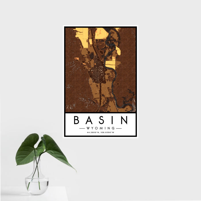 16x24 Basin Wyoming Map Print Portrait Orientation in Ember Style With Tropical Plant Leaves in Water
