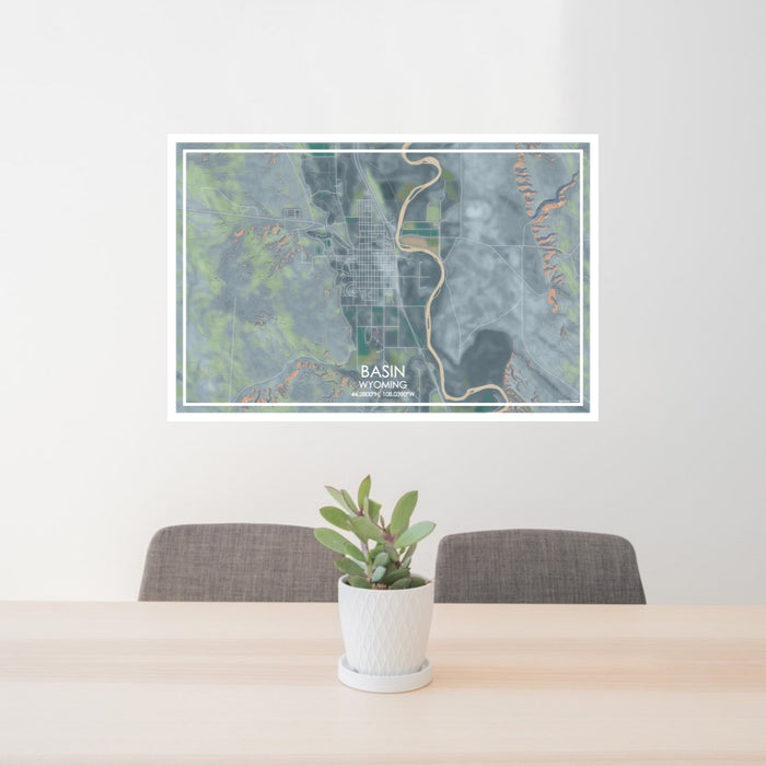 24x36 Basin Wyoming Map Print Lanscape Orientation in Afternoon Style Behind 2 Chairs Table and Potted Plant