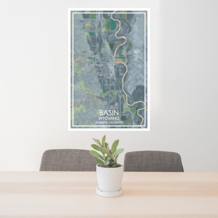 24x36 Basin Wyoming Map Print Portrait Orientation in Afternoon Style Behind 2 Chairs Table and Potted Plant