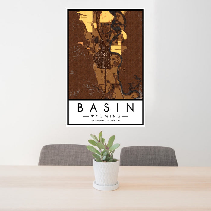 24x36 Basin Wyoming Map Print Portrait Orientation in Ember Style Behind 2 Chairs Table and Potted Plant